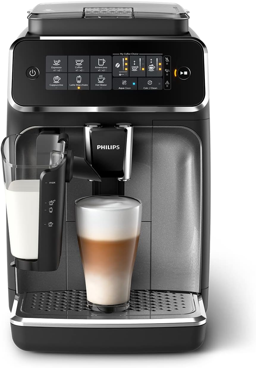 Philips Série 3200 Machine Expresso - Café à Grain - LatteGo Mousseur à Lait, 5 Spécialités de Café, Écran Tactile Intuitif, Argent (EP3246/70)